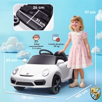 AIYAPLAY Coche Eléctrico para Niños con Licencia RUF CTR 3 Clubsport Mando a Distancia Motor Doble Ruedas Auxiliares Blanco(m-3)