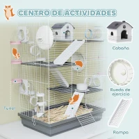 PawHut Jaula para Hámster con Túnel Plataformas Cuenco Bebedero Casita Rampas y Rueda de Ejercicio 47x30x70 cm Gris(m-4)