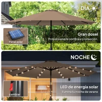 Outsunny Sombrilla de Jardín Ø265 cm con 32 Luces LED Solares Manivela y Poste de Acero para Patio Terraza Caqui(m-4)