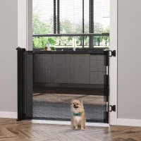 PawHut Barrière escalier chien rétractable opération à une main cadre en alliage d'aluminium tissu mesh 150 x  85 cm noir(m-10)