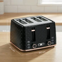 HOMCOM 4 Slice Toaster with 7 Browning Levels, High Lift, Reheat/Defrost/Cancel, Self-centring Function, Removable Crumb Tray, Auto Off, 1600W, Black Honeycomb Texture(m-3)