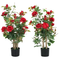 HOMCOM 90cm Artificial Rose Tree Set of 2, Decorative Fake Plant with 344 Silk Leaves 17 Flowers for Outdoor Indoor Decor, Red(m-11)