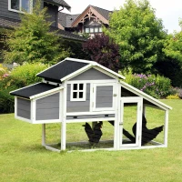 PawHut Poulailler cottage cage à poules surélevé dim. 176L x 65l x 100H cm multi-équipement toit bitumé noir bois sapin gris blanc(m-10)