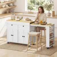 HOMCOM isla central de cocina con encimera extensible, carrito de cocina sobre ruedas con 2 cajones, 4 puertas, blanco(m-2)