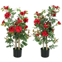 HOMCOM 90cm Artificial Rose Tree Set of 2, Decorative Fake Plant with 344 Silk Leaves 17 Flowers for Outdoor Indoor Decor, Red(m-1)