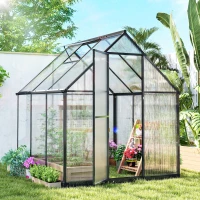 Outsunny Polycarbonate Greenhouse with Swing Door and Adjustable Window, Walk-in Greenhouse with Rain Gutter, 5.5 x 6ft, Black(m-2)