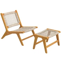 Outsunny Poltrona de jardim com pufe 2 peças em madeira de acácia FSC, lounge outdoor com assento em rattan, estilo Boho, pés ajustáveis(m-6)