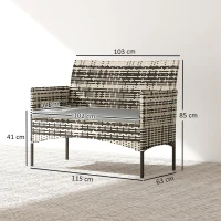 Outsunny 2-Sitzer Rattan Gartensofa PE-Rattan Outdoor-Terrassen-Sofa mit Polster, Anti-Rutsch-Matten, Stahlrahmen, Hellgrau(m-3)