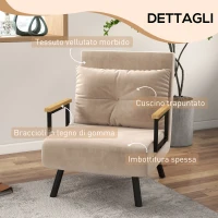 HOMCOM Poltrona Letto 3 in 1 con Schienale Reclinabile e Cuscino, in Tessuto Effetto Velluto, 63x73x81 cm, Beige(m-6)