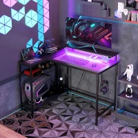 HOMCOM Schreibtisch L Form mit LED, Steckdosen, USB, Computertisch mit Regal, 107 x 80 x 90 cm, Schwarz(m-2)