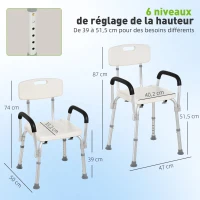 HOMCOM Chaise de Douche siège de Douche Ergonomique Hauteur réglable Pieds antidérapants Dossier accoudoirs Amovibles Charge Max. 136 Kg alu HDPE Blanc(m-3)