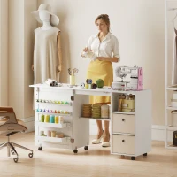 HOMCOM Table de couture pliante, meuble couture à roulettes avec porte magnétique, 2 bacs, 2 tiroirs, 146,4x40x77,5cm, blanc(m-6)