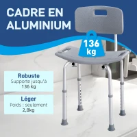 HOMCOM Chaise de Douche siège de Douche Ergonomique Hauteur réglable Pieds antidérapants Charge Max. 136 Kg alu HDPE Gris(m-4)
