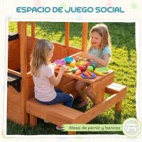 AIYAPLAY Casita Infantil Exterior e Interior de Madera con Barra de Snack y Bancos Mesa Lateral Fregadero Maceteros Marrón Claro(m-5)