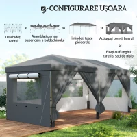 Outsunny Foișor Pliabil 3x6m Pop-Up cu 6 Pereți Laterali, Foișor de Grădină Reglabil pe Înălțime cu Saci de Nisip, Geantă cu Roți, UV50+ pentru Exterior, Gri Închis(m-8)