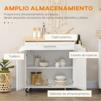 HOMCOM Isla de Cocina con Ruedas con Cajón 2 Puertas Especiero Barra para Paños y Estante Ajustable 109x40x89 cm Blanco(m-4)