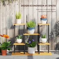 Outsunny Suport plante interior etajeră plantă cu 6 nivele cadru din oțel bază lemn masiv 80 x 24 x 61,5 cm lemn natural(m-4)