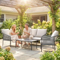 Outsunny Set da Giardino in Rattan 4 Pezzi con Divano, Poltrone, Tavolo, Khaki(m-9)