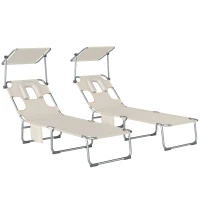 Outsunny Conjunto de 2 Espreguiçadeiras Dobráveis com Dossel 360° Encosto 5 Posições Orifício Facial e Textilene 550 g/m² 188x56x27 cm Bege(m-1)