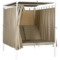 Outsunny Lit de jardin bain de soleil transat inclinable avec auvent rétractable, 2 places - 4 rideaux et matelas(m-12)
