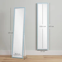 HOMCOM Miroir sur Pied Pleine Longueur avec Cadre en MDF Miroir Mural Rectangulaire avec 2 Modes d'Utilisation 37x4x157 cm Blanc et Bleu(m-3)