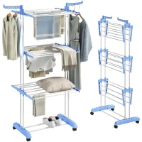 HOMCOM Estendal Dobrável para Roupa com Rodas Estendal Vertical de Aço com 3 Níveis Laterais Dobráveis 73x64x177cm Azul e Branco(m-10)