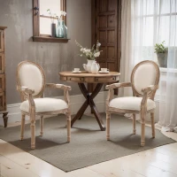 HOMCOM Lot de 2 chaises de Salle à Manger Chaise de Salon médaillon Style Louis XVI Bois Massif patiné sculpté Tissu Lin Crème(m-10)