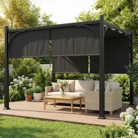 Outsunny Pergola de jardin 3 x 3 m tonnelle de jardin avec Auvent coulissant, structure métallique, pour extérieur, Gris Foncé(m-7)