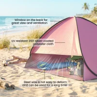 Outsunny Pop up Beach Tent, UV 50+ Sun Shelter with Carry Bag, 2x1.5m for 2-3 Person, Pink(m-6)