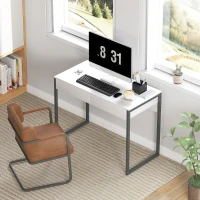 HOMCOM Bureau avec 2 tiroirs 100x50x75 cm Table d'ordinateur Pieds en acier pour Maison Petits Espaces Blanc Brillant(m-5)