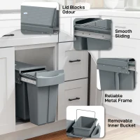 HOMCOM Ausziehbarer Mülleimer für Unterschrank 2 Recyclingbehälter herausnehmbar 20L+10L sanftes Gleiten Grau(m-4)