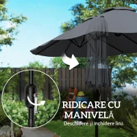 Outsunny Umbrelă Dublă cu 12 Spițe, Manivelă, Bază Metalică și Saci de Nisip, din Metal și Poliester, 3x1.5 m, Gri Închis(m-8)