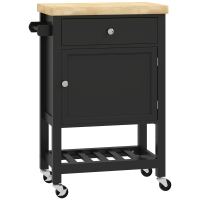 HOMCOM Küchenrollwagen auf Rollen, Servierwagen, Arbeitsplatte aus Gummibaumholz, Schublade, 63,5 x 40 x 90 cm, schwarz
