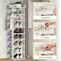 HOMCOM Schuhregal 9 Ebenen Holz-Schuhorganisator mit Ablage oben und 2 Haken, für Eingangsbereich, Weiß(m-7)