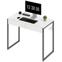 HOMCOM Schreibtisch mit 2 Schubladen 100x50x75 cm Computertisch Stahlbeine für Zuhause Kleine Räume Hochglanzweiß(m-6)