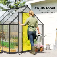 Outsunny Polycarbonate Greenhouse with Swing Door and Adjustable Window, Walk-in Greenhouse with Rain Gutter, 5.5 x 6ft, Black(m-7)