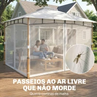 Outsunny Pérgola para Jardim 3x3,6 m com Telhado Duplo Paredes de Rede UPF50+ Estrutura Metálica Creme e Teca(m-6)