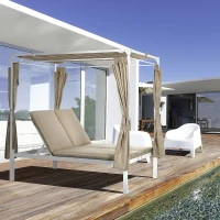 Outsunny Lit de jardin bain de soleil transat inclinable avec auvent rétractable, 2 places - 4 rideaux et matelas(m-10)