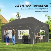 Outsunny 3 x 6m Pop Up Gazebo Shelter with Sides, 6 Sandbags, Peak Top Garden Party Tent Marquee with Carry Bag, Dark Grey(m-4)