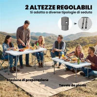 Outsunny Tavolo da Campeggio Pieghevole a 2 Altezze con Maniglia, in HDPE, 120x60x74 cm, Bianco(m-6)