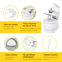 HOMCOM Batedeira de Pastelaria Profissional Multifuncional Robô de Cozinha 3.4 litros com 6 velocidades Inclui 3 cabeças 300 W de aço inoxidável branco(m-7)