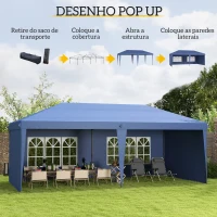 Outsunny Tenda Dobrável 6x3 m Pop-up com 4 Laterais Desmontáveis Tenda de Jardim com 2 Janelas Visíveis Saco de Transporte Azul(m-4)