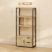 HOMCOM Bücherregal im Industrial-Stil 3 Ablagen Schranktür 2 Schubladen 58 x 24 x 122 cm Holzoptik schwarzer Stahl(m-3)