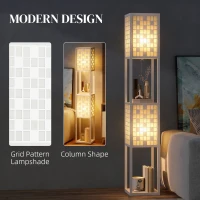 HOMCOM Floor Lamp with Shelves, 2 Layer Grid Pattern Column Modern Standing Lamp with Foot Switch and Pull Chain for Living Room, Bedroom, Office, Bulb Not Included, White(m-4)