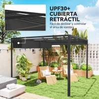 Outsunny Pérgola de Jardín de Aluminio 3x3 m con Techo Retráctil Lateral Enrollable UPF30+ Cenador de Jardín para Exterior Gris(m-5)