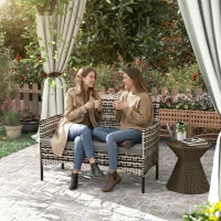 Outsunny 2-Sitzer Rattan Gartensofa PE-Rattan Outdoor-Terrassen-Sofa mit Polster, Anti-Rutsch-Matten, Stahlrahmen, Hellgrau(m-9)