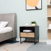 HOMCOM Table de chevet table de nuit style industriel tiroir niche piètement métal aspect bois de chêne sculpté à chevrons noir(m-10)