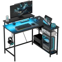 HOMCOM Biurko L-kształtne z LED, gniazdkami, USB, biurko komputerowe z półką, 107 x 80 x 90 cm, czarne(m-11)