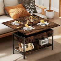 HOMCOM Höhenverstellbarer und ausziehbarer Couchtisch, Wohnzimmertisch mit verstecktem Fach und offenen Ablagen, 98x49x55cm, rustikales Braun(m-2)