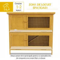 PawHut Cușcă pentru Iepuri cu 2 Niveluri din Lemn de Brad și Bitum cu Rampă, 2 Tăvi Detasabile, 4 Uși, 97x44x91 cm, Galben(m-5)